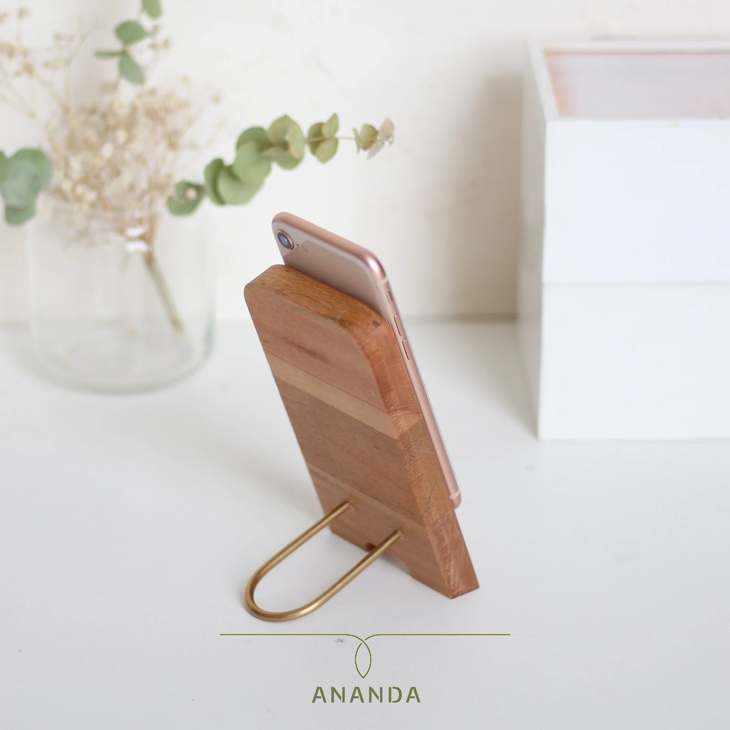 Back view of the handcrafted beech wood phone stand showing clean lines and smooth brass support.