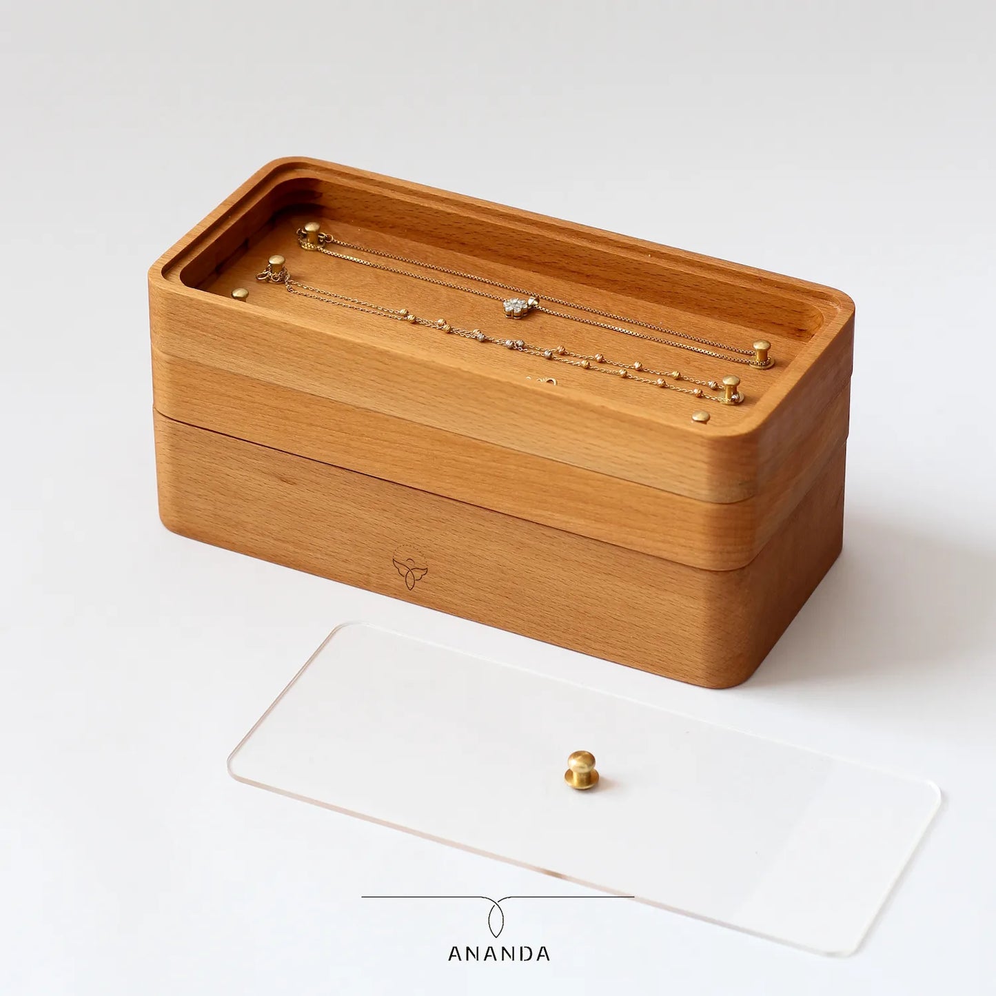 Handcrafted beech wood jewelry organizer for necklaces, bracelets, and rings – luxury storage gift