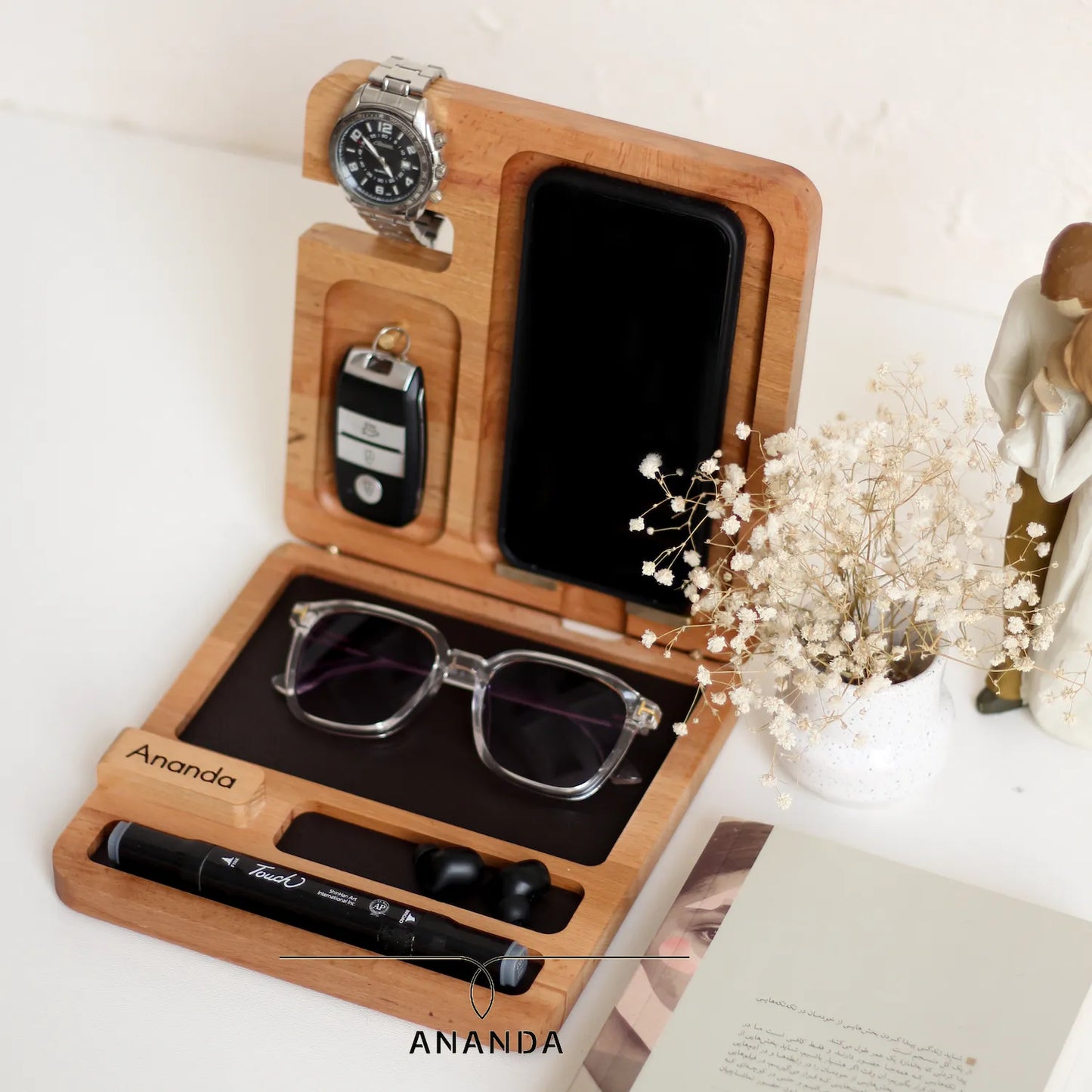 All-in-one wooden station for everyday carry essentials