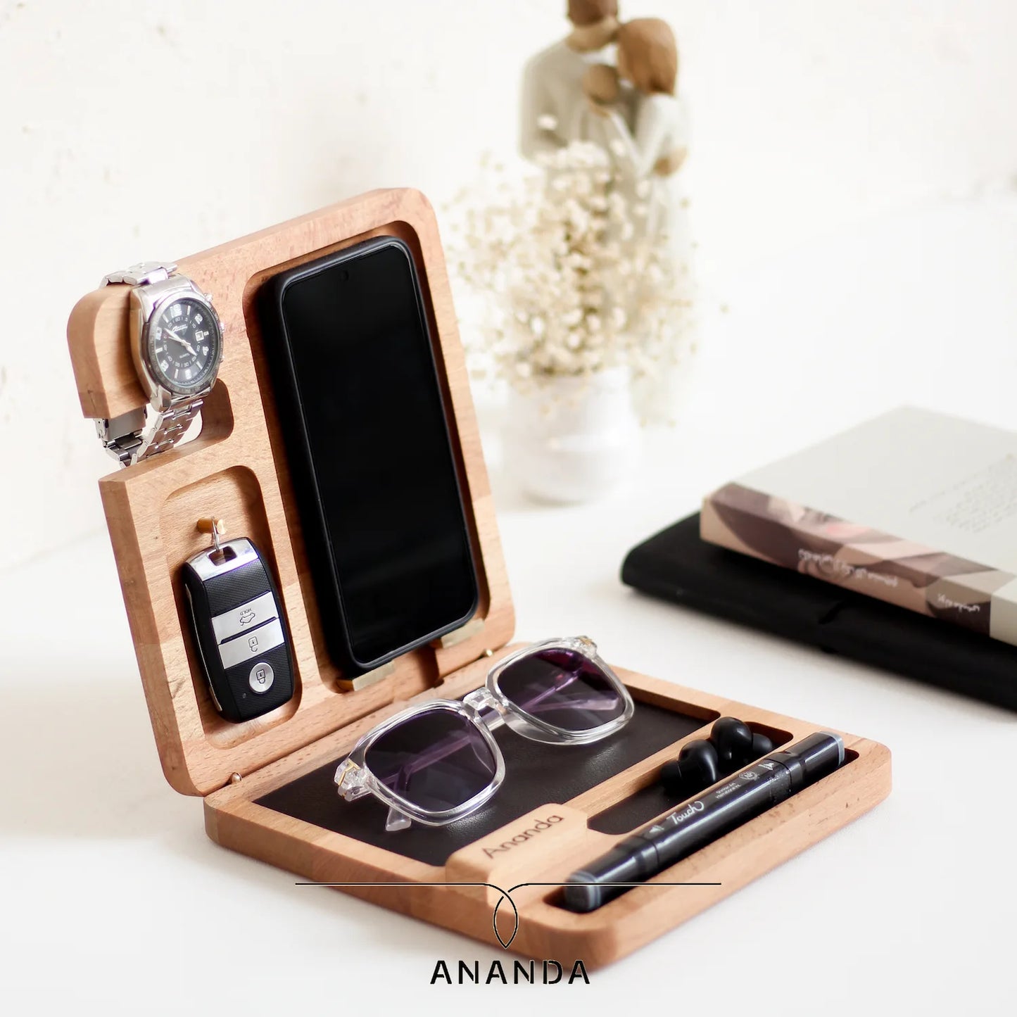 Compact wooden docking station with phone, watch, and key holder beech wood
