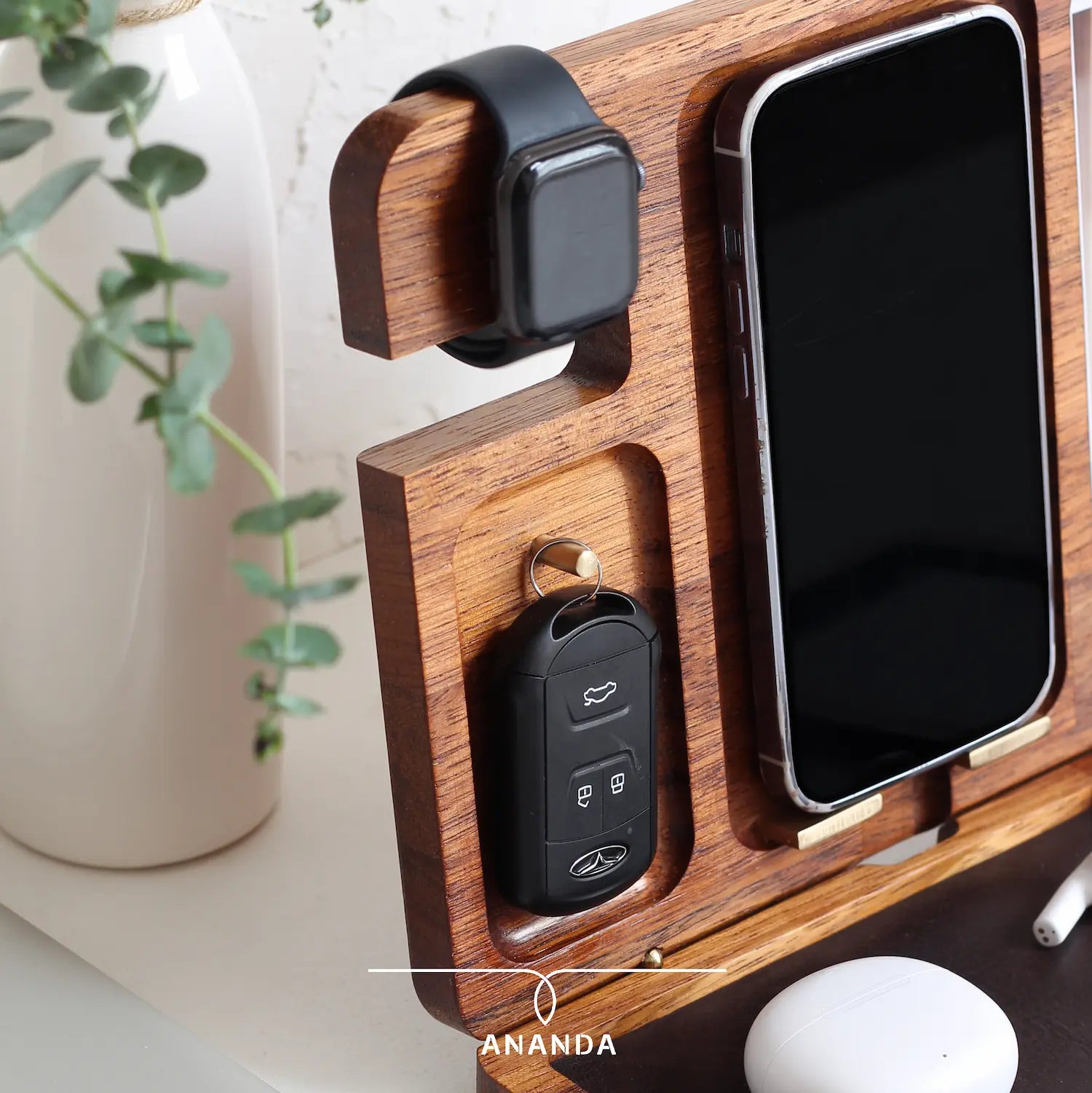 Detail view of charging cable passthrough and phone stand groove