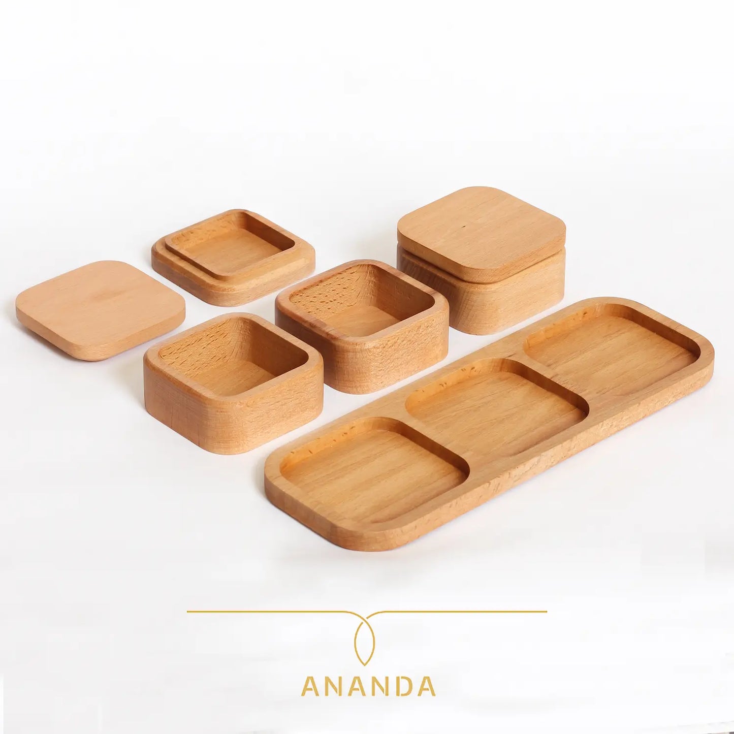 wooden snack storage with lid 3 different box in tray