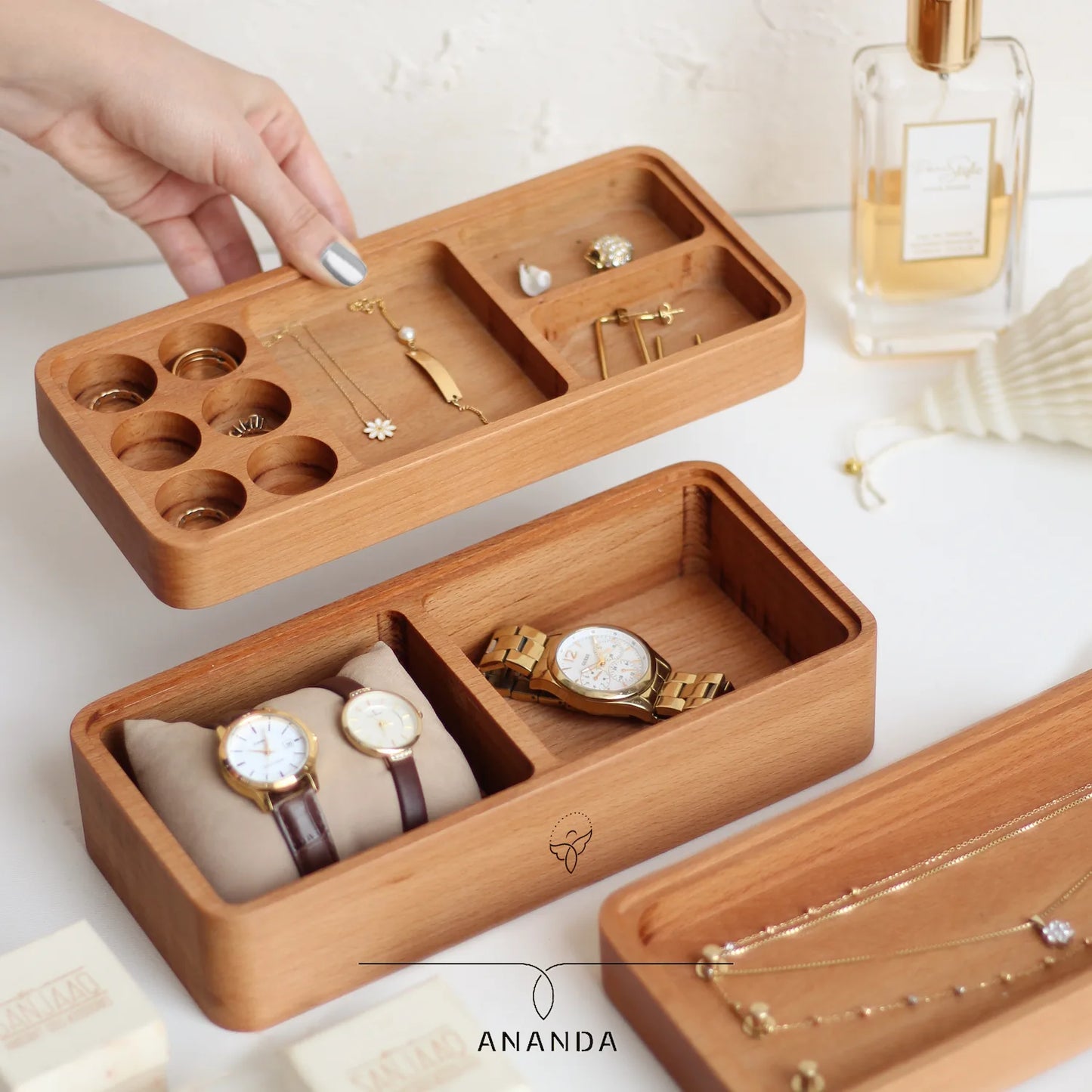 Spacious bottom layer designed for bracelets and watches – elegant wooden gift box