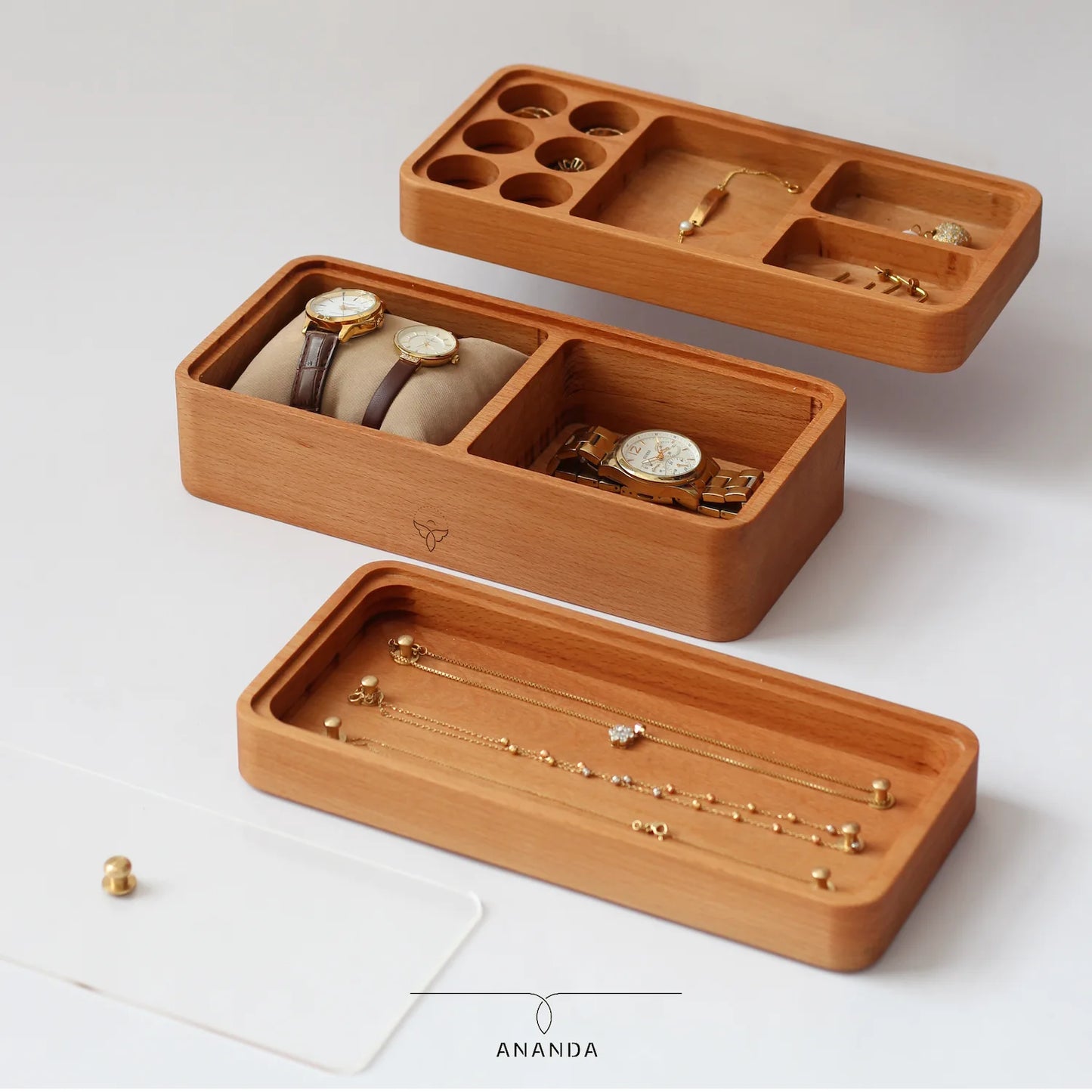 Handcrafted beech wood jewelry organizer for necklaces, bracelets,watches and rings – luxury storage gift