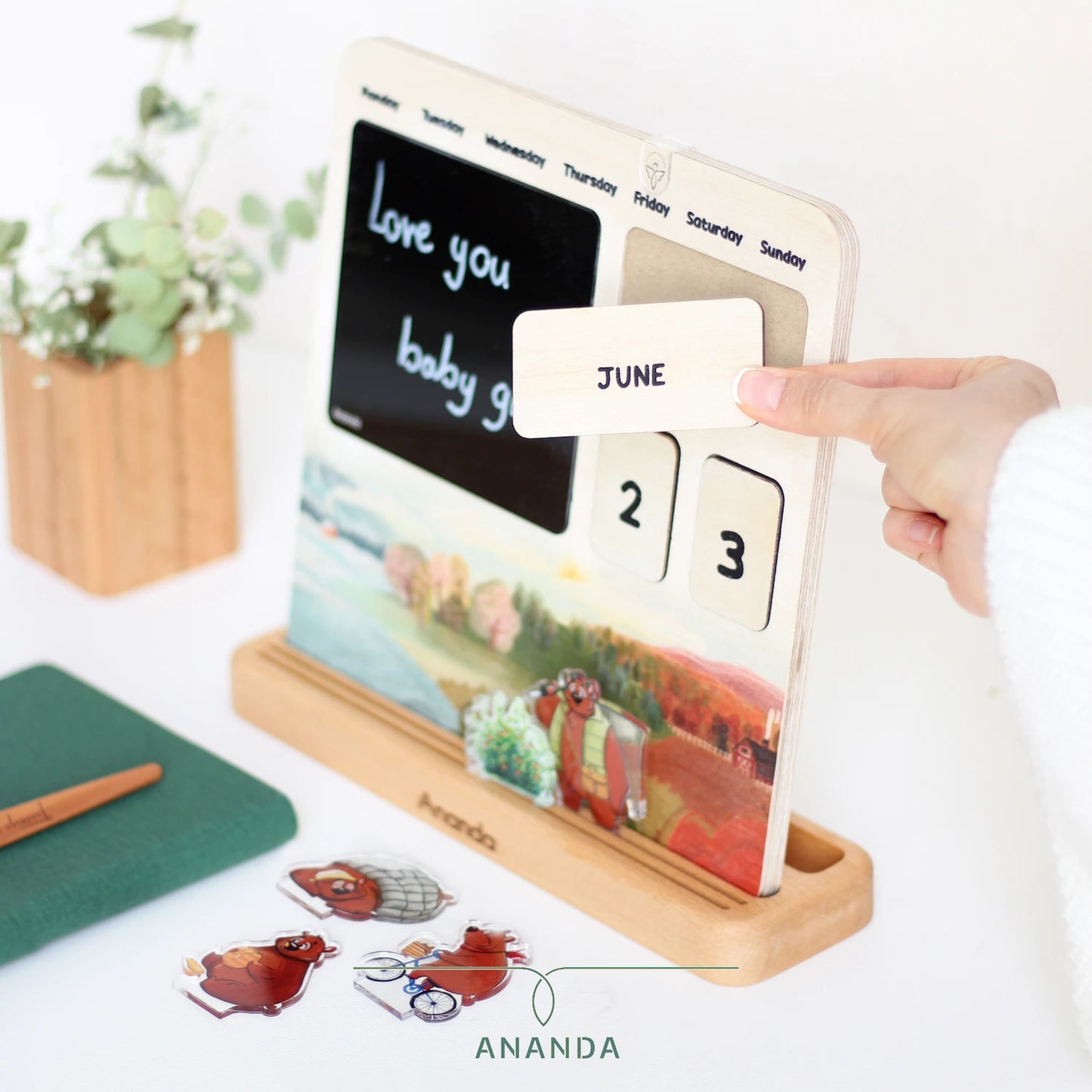 Full view of the Hana perpetual wooden desk calendar featuring interchangeable elements for days, months, and seasons — designed for year-round use without expiration.