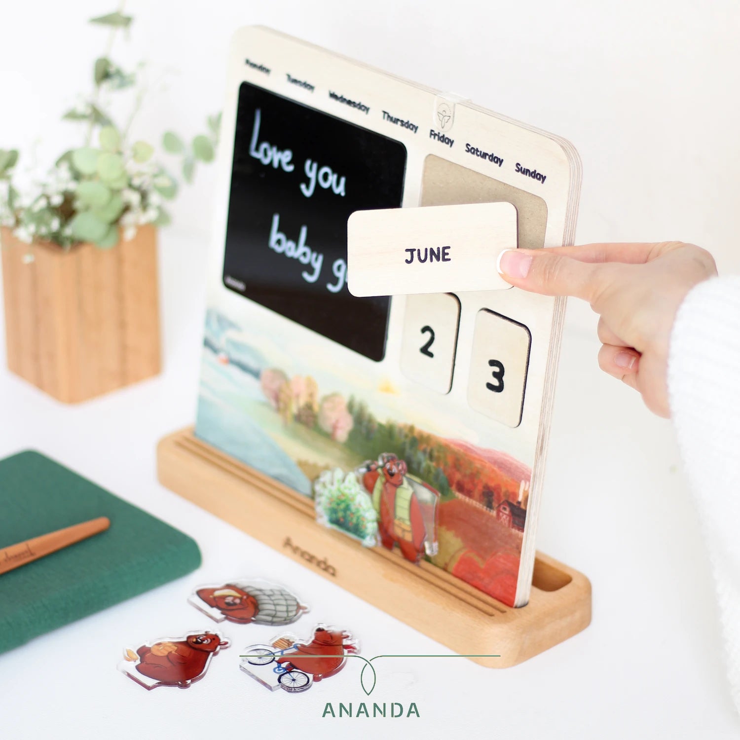 Full view of the Hana perpetual wooden desk calendar featuring interchangeable elements for days, months, and seasons — designed for year-round use without expiration.