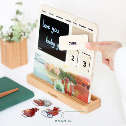 Full view of the Hana perpetual wooden desk calendar featuring interchangeable elements for days, months, and seasons — designed for year-round use without expiration.