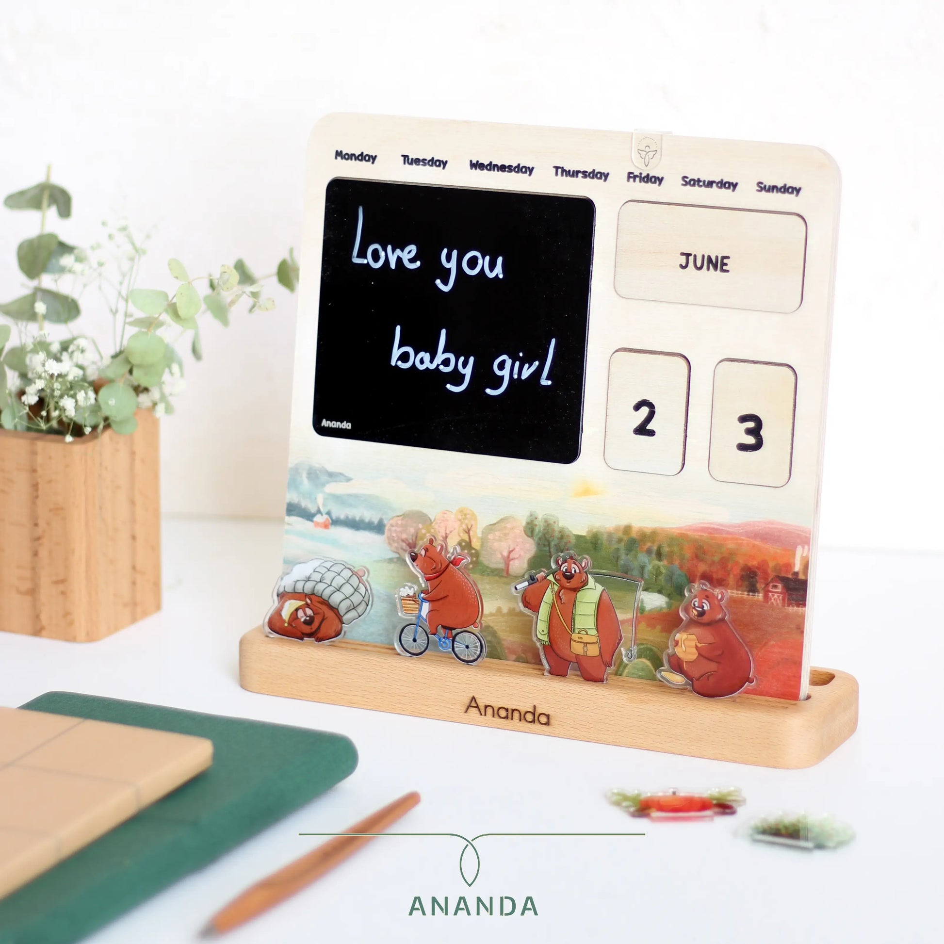  Hannah perpetual wooden desk calendar with whimsical bear characters and chalkboard surfac