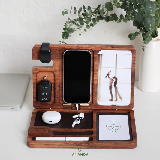 Open wooden caddy showing key hanger, photo frame, and pen holder sections