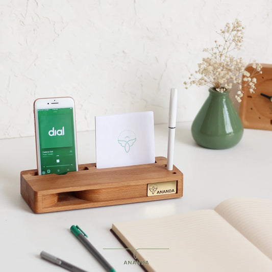 Wooden desk organizer with mobile slot, pen holder, acoustic amplifier and note space