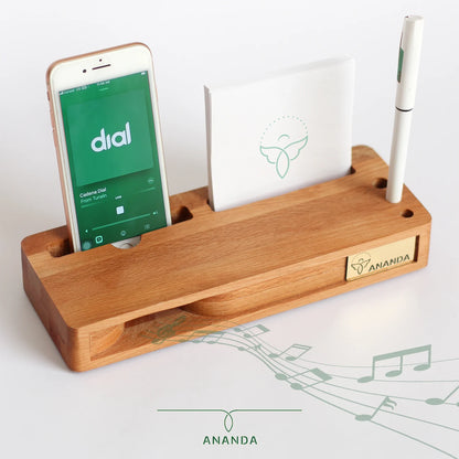 Side view of Echo Wood organizer with acoustic amplifier and phone