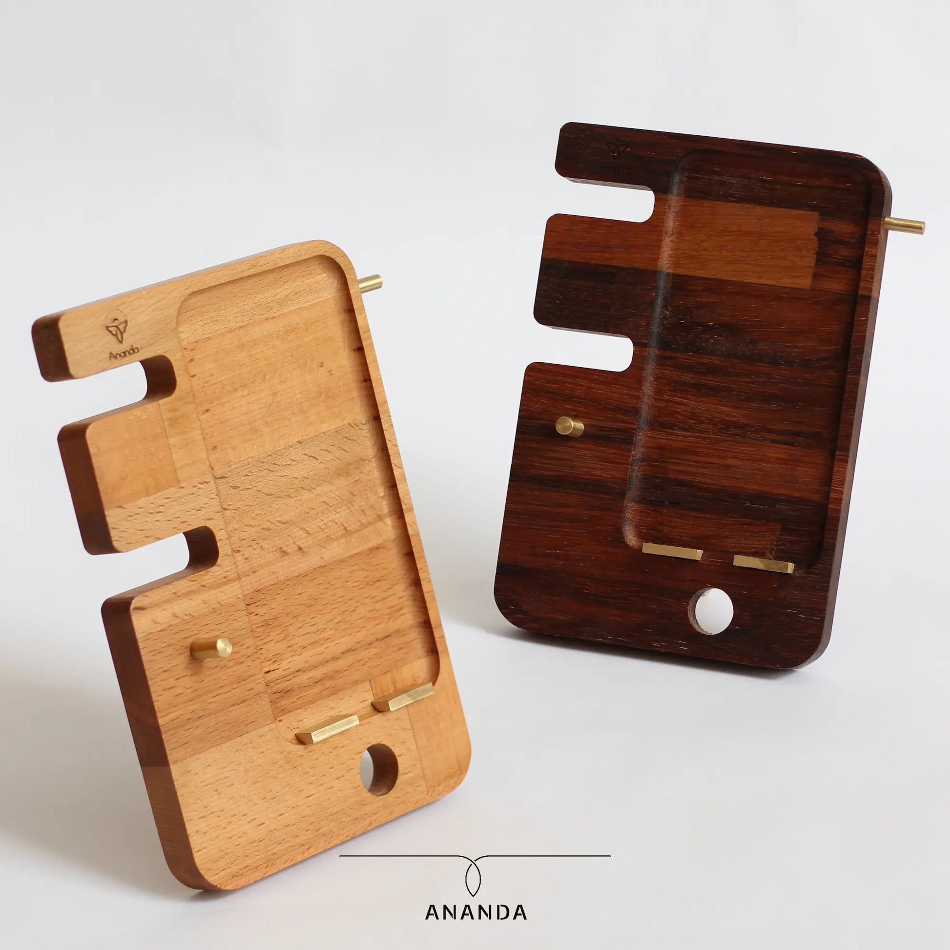 Beech wood and iroko wood options with brass key and glasses hook and support mobile and watch stand 