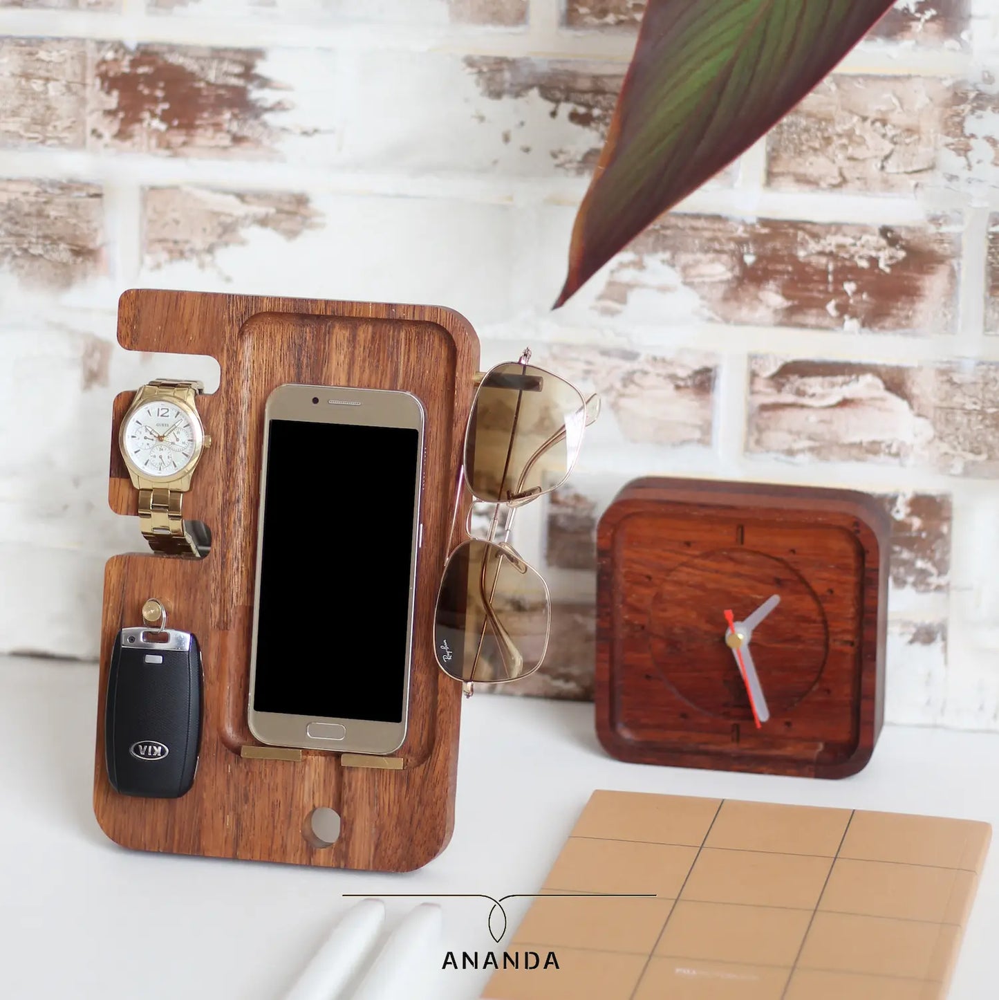 Ananda Gift Pro Stand – Wood & Brass Docking Station for Phone & Essentials