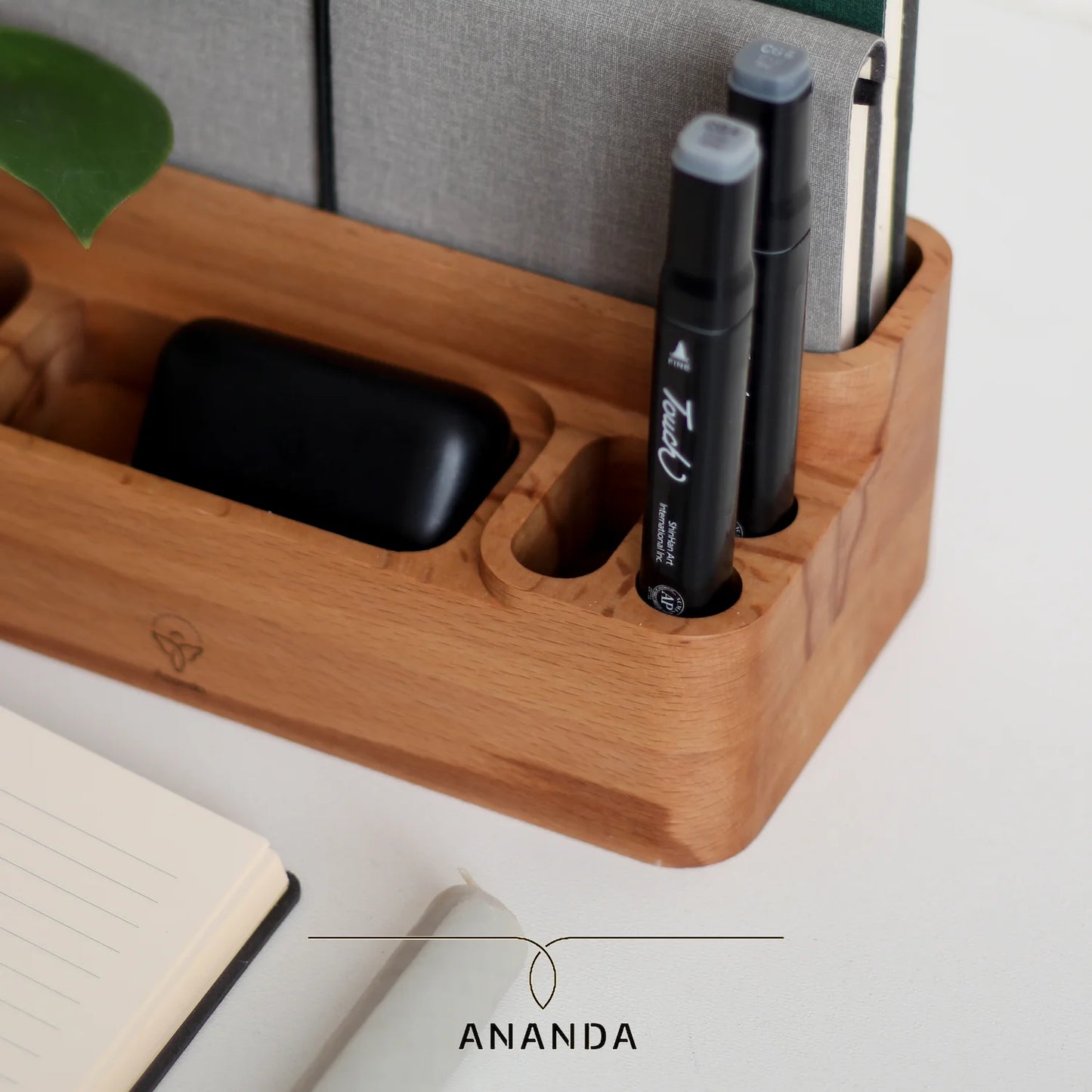 Beech wood pen holder separated from other small storage slots