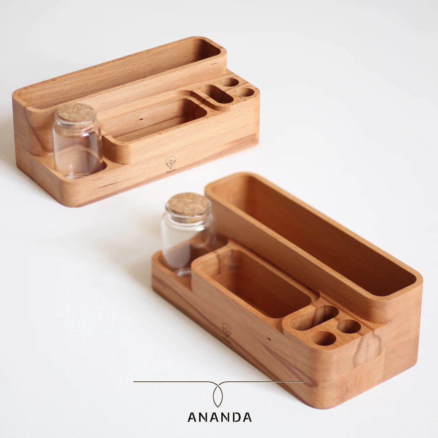 Compact and elegant functional wood organizer for works paces with plant cutting bottle