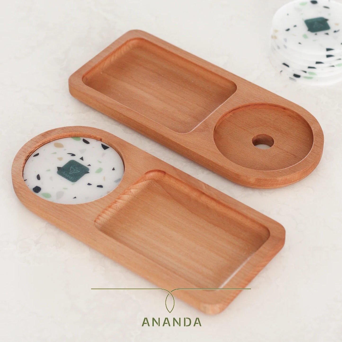 Linda serving tray top view with dual sections for cup and snack, featuring a printed plexi inlay