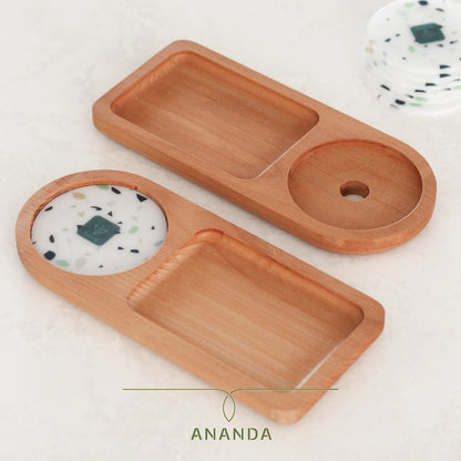 Linda serving tray top view with dual sections for cup and snack, featuring a printed plexi inlay