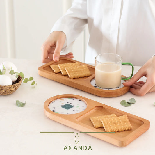 Linda wooden serving tray in use, holding tea and snack with a washable plexi inlay