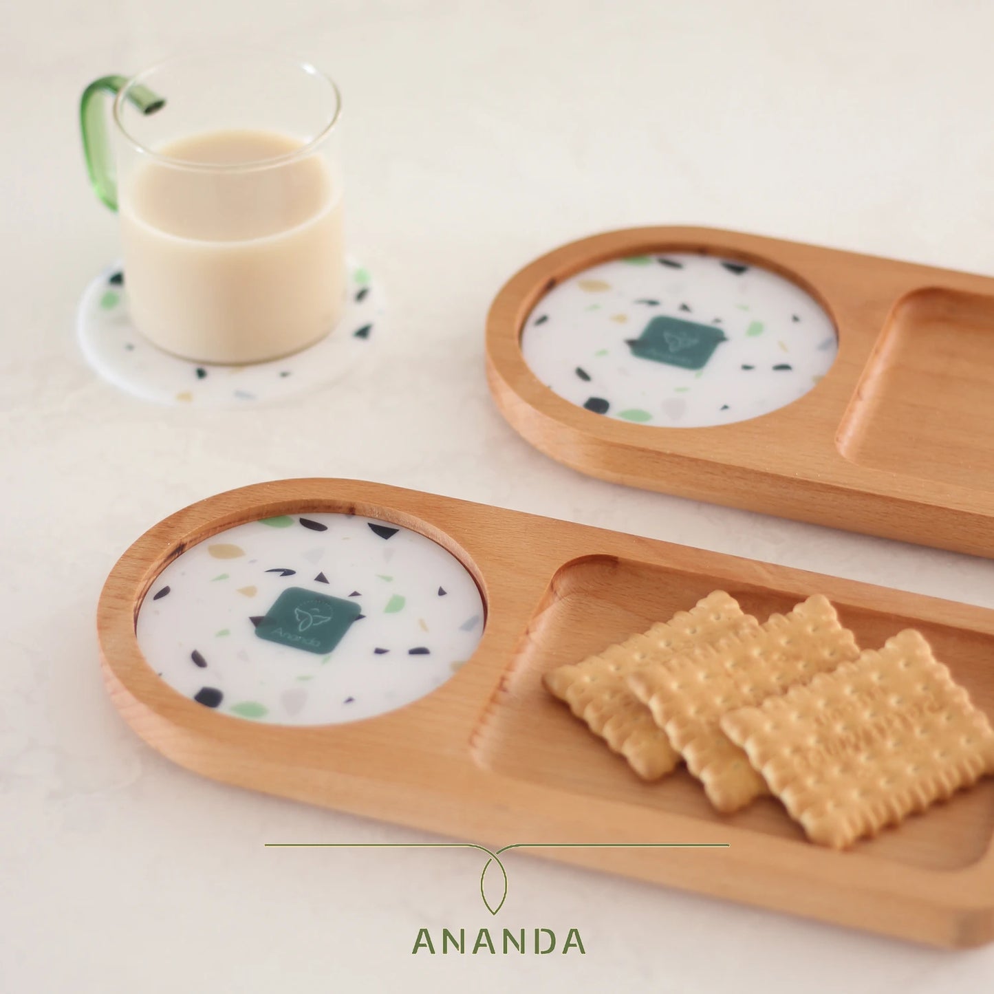 Angled view of Linda tray showing recessed cup holder and smooth beech wood finish