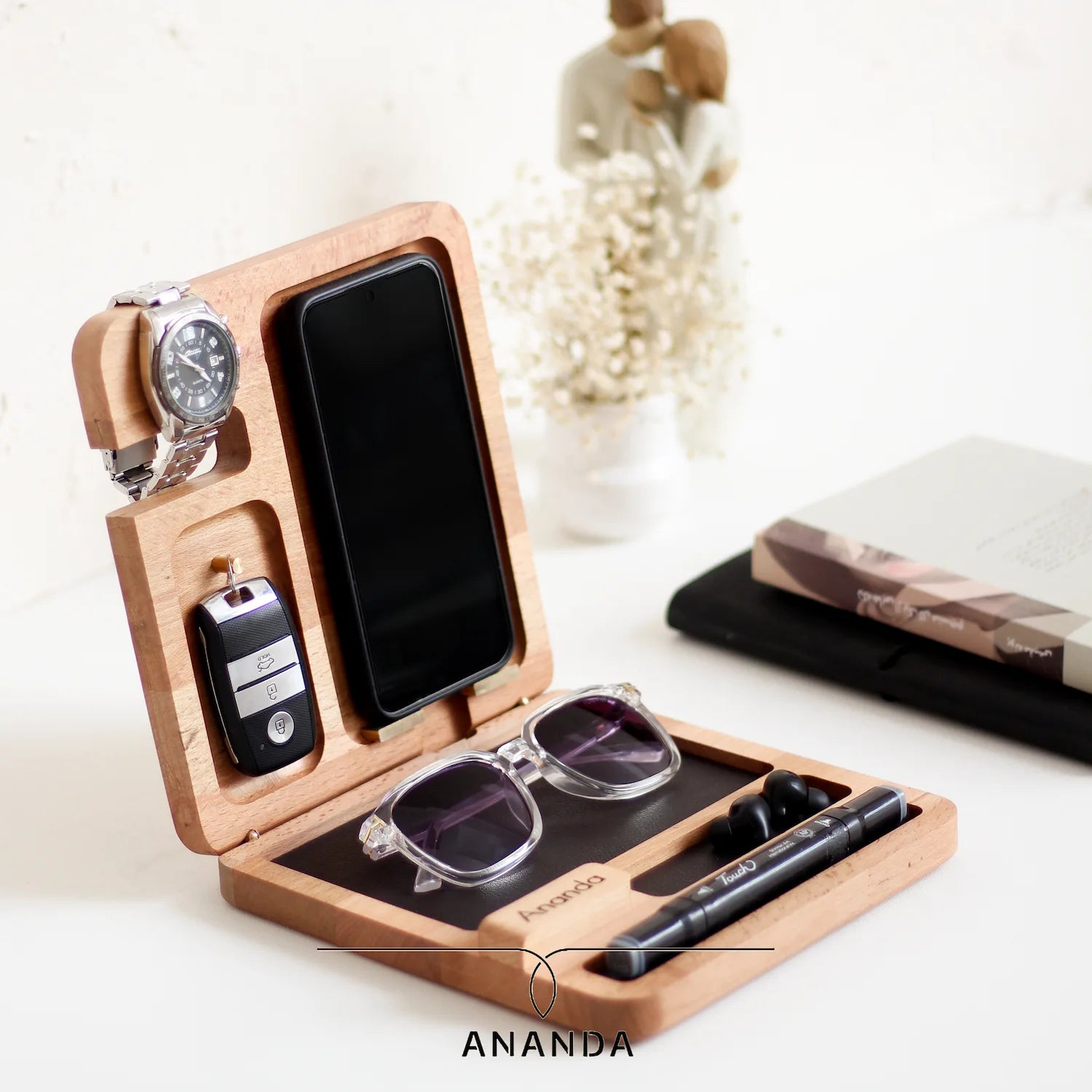 Compact wooden docking station with phone, watch, and key holder beech wood