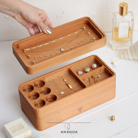 Natural wood jewelry box showing organized ring and earring compartments – handcrafted gift