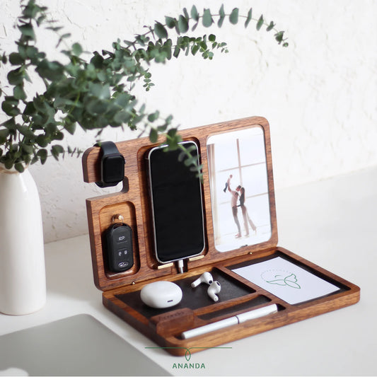 Front view of MyOne Big in iroko wood showing accessory spaces and key hanger